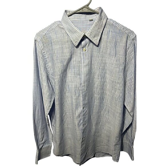 Lancellotti Mens Striped Long Sleeve Button-Up Shirt, 100% linen, med sheer, LG - Picture 1 of 8